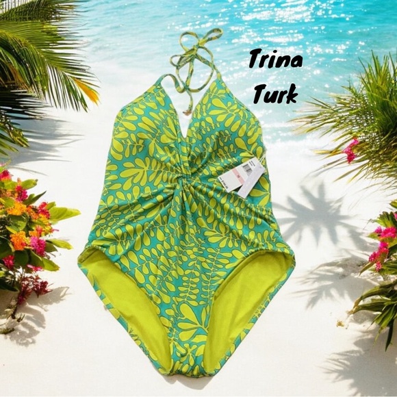 TRINA TURK NWT WOMENS TRELLIS ONE PIECE SWIM SUIT LIME GREEN TWIST FRONT SIZE 10 - Picture 1 of 8